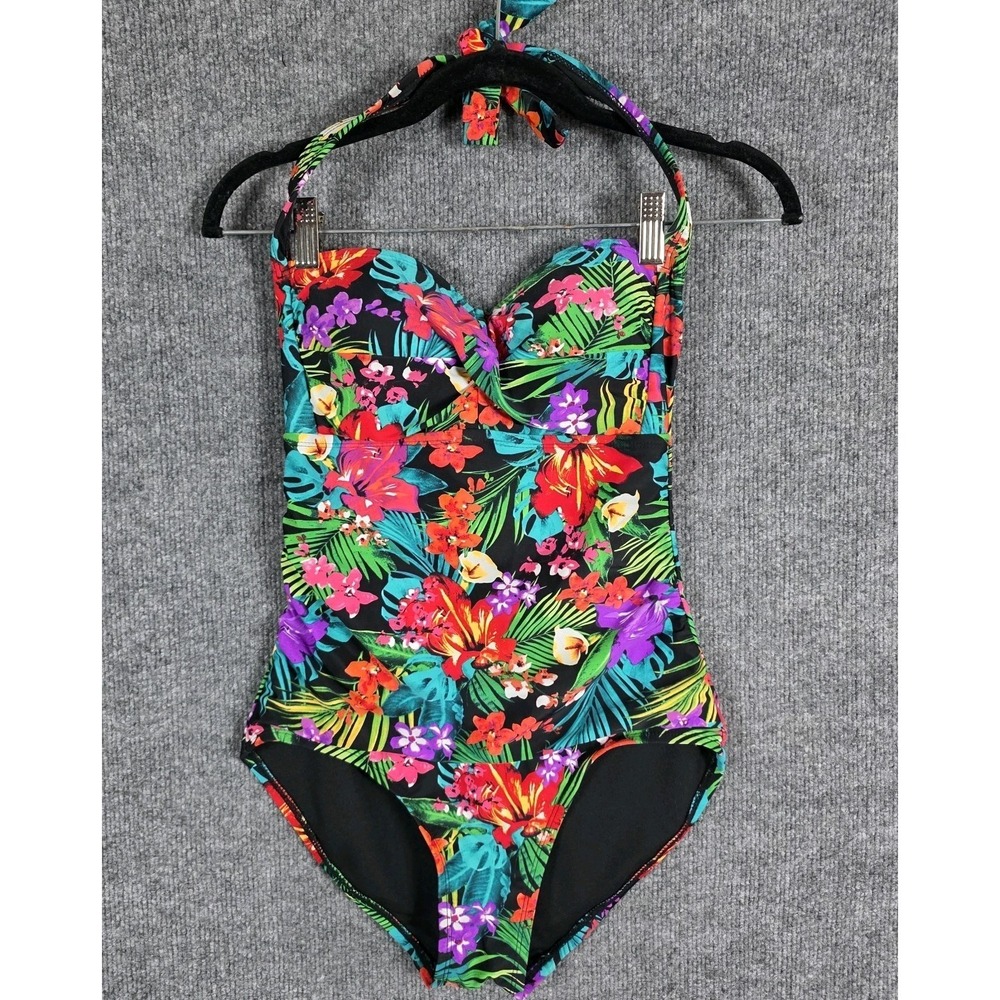 Catalina One Piece Swimsuit S Bathing Suit Floral Halter Hawaiian Retro Pin Up